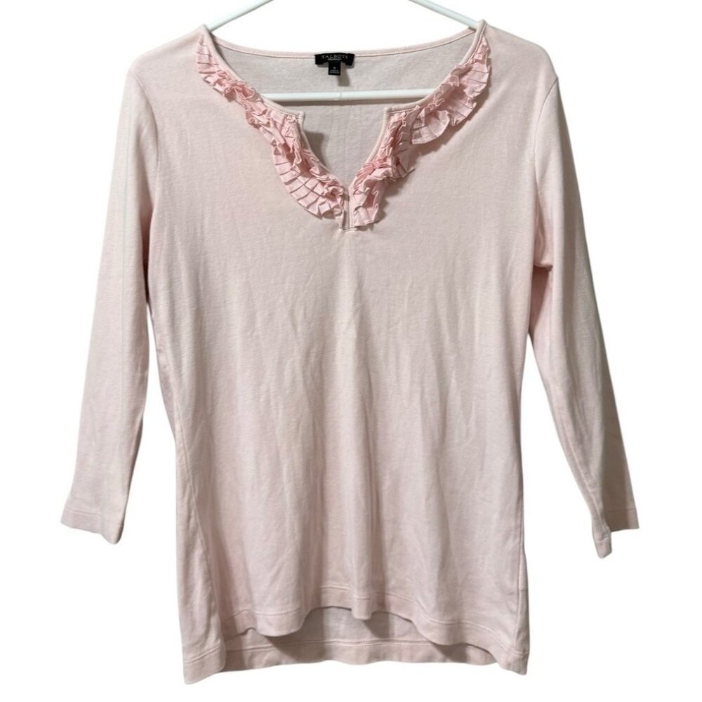 Talbots Women Size Small 3/4 Sleeve Top Ruffle V- Neck Pink Cotton Lightweight